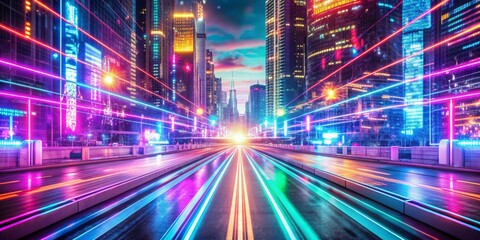 Dynamic neon cyberpunk highway with vibrant lights, perfect for sci-fi animations, tech advertisements