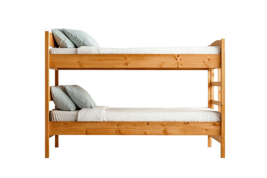 Wooden Bunk Bed with White Bedding and Green Pillows
