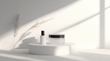 自然光が差し込む中、白い背景にスキンケア製品が並び、リラックスした雰囲気が漂っている。