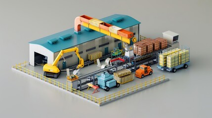 3D Illustration of a Factory with Automated Systems and Forklifts
