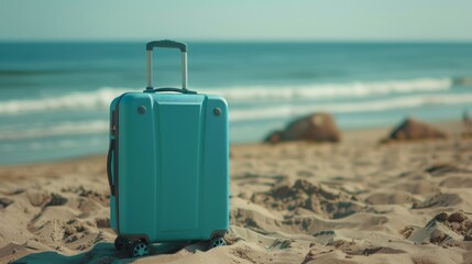 Modern cyan suitcase in the sand, in front of a beach generative ai