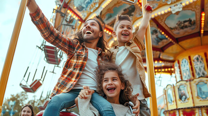 Excited family enjoying rides and games at a colorful amusement park on a sunny day.