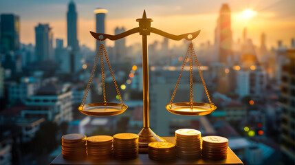 A delicate balance scale sits atop a cityscape at dusk, surrounded by gold coins and financial charts, symbolizing venture capital's risk-reward equilibrium.
