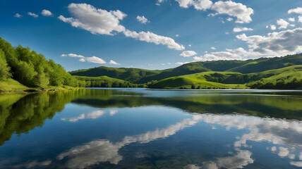 Obraz premium Green hills under a bright blue sky, and a clear, tranquil lake reflecting the surrounding scenery