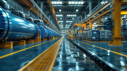 Obraz premium Industrial Factory Interior 3D Render - Blue Pipes and Yellow Beams