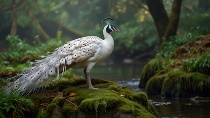 white peacock on the river bank