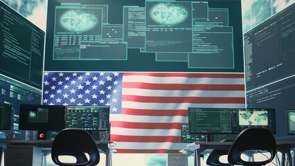 High tech governmental cyber operations center with USA flag. Network security, cyber defense and global surveillance to protect national security. Hacking tools for digital defense. Camera B.