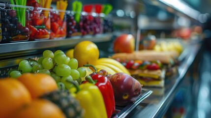 fruits, drinks, sandwiches in the school canteen, the concept of healthy nutrition for children