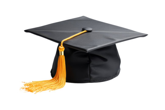 Black mortarboard with tassel rests atop rolled diploma, symbolizing academic achievement and successful graduation