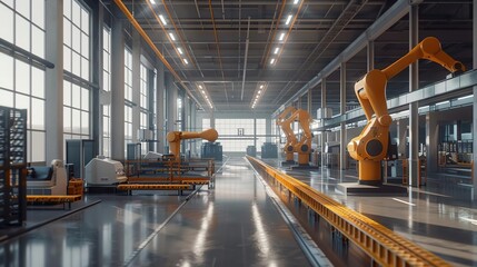 Fototapeta premium Industrial Automation Factory with Robotic Arms 3D Illustration