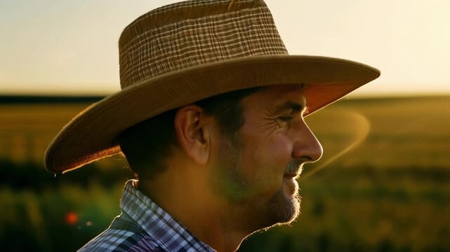 Closeup of a farmers straw hat and plaid shirt emblematic of his hardworking lifestyle.