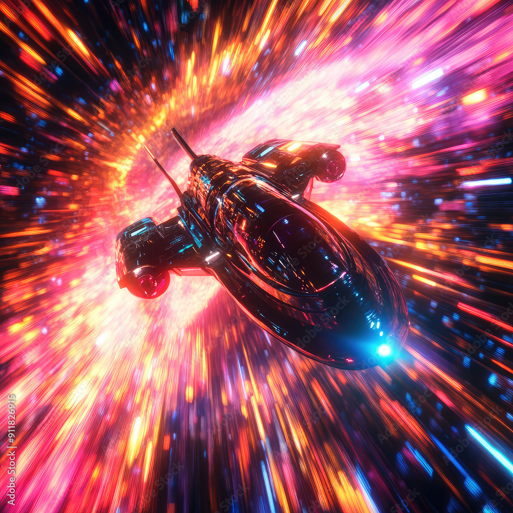 Wall mural a spaceship is speeding at light speed through a holographic galactic vortex. generative ai