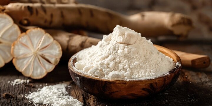 Tapioca Starch in Brown Wooden Spoon and Bowl with Dry Cassava Root Organic Tapioca Starch or Flour Powder