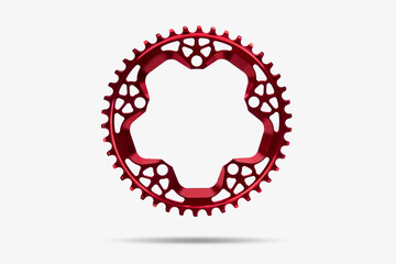 Red Bicycle chainring on white isolated backgorund. Premium gear. Close up. Anodized.	