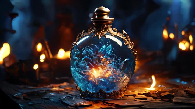 Magic potion in a bottle with lightning. Witchcraft concept