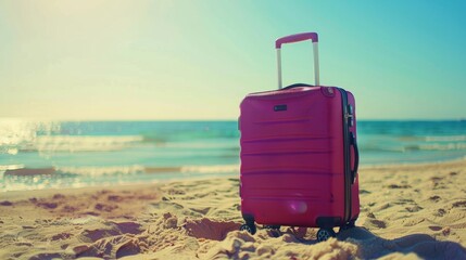 Modern magenta suitcase in the sand, in front of a beach, generative ai