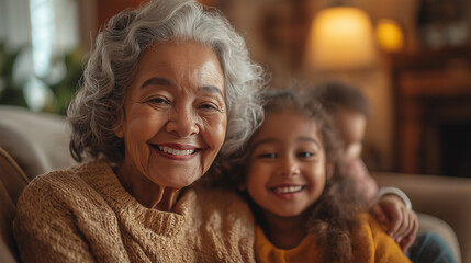 Fototapeta premium A multi-generational family gathering to celebrate Mother's Day, with a grandmother, mother, and children sharing stories and laughter around a cozy living room.