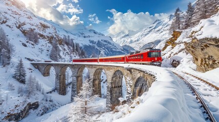 Bernina Express passes through Swiss Alps winter scene, red train on viaduct against snow and clear blue sky, great for travel ad campaigns. Train passing through snow mountain