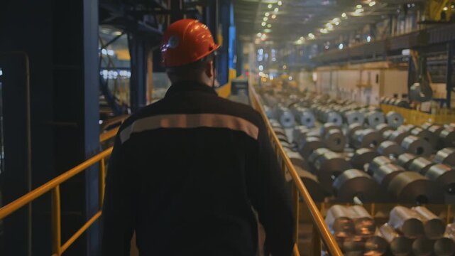 A man in overalls and a helmet walks through the plant.