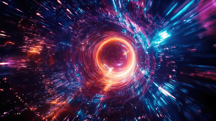 Obraz premium A spaceship is speeding at light speed through a holographic galactic vortex. Generative AI