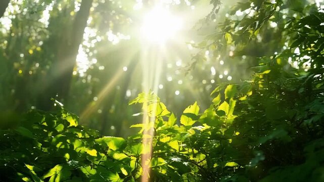 Rays of golden sunlight peeking through the dense forest canopy illuminating the emerald undergrowth. Light leaks bokeh