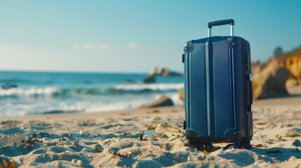 Modern navy suitcase in the sand, in front of a beach generative ai