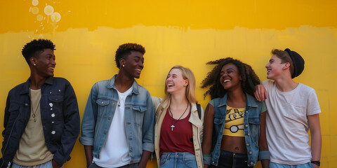 A group of teenage students standing with books and backpacks, happy in their return to school.