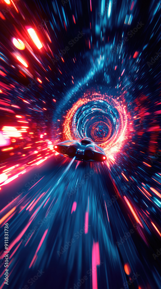 Wall mural a spaceship is speeding at light speed through a holographic galactic vortex. generative ai