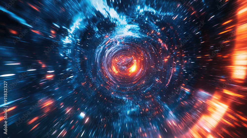 Wall mural a spaceship is speeding at light speed through a holographic galactic vortex. generative ai