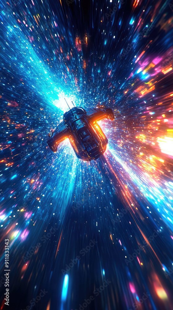 Wall mural a spaceship is speeding at light speed through a holographic galactic vortex. generative ai