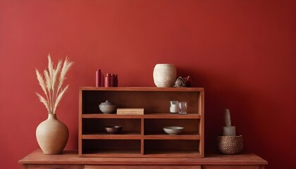 wooden cabinet and accessories decor in living room interior on empty soft red wall background., 