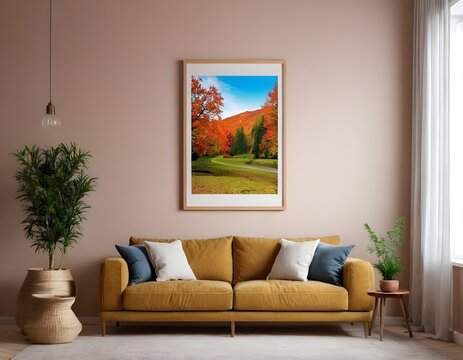 Modern Minimalist Living Room with Brown Leather Sofa and Pink Walls &ndash; Cozy Contemporary Interior