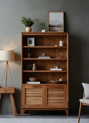 Wooden cabinet and accessories decor in living room interior on empty soft grey wall background.
