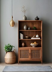 Wooden cabinet and accessories decor in living room interior on empty soft grey wall background.