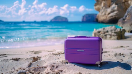 Modern purple suitcase in the sand, in front of a beach, generative ai