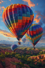 Fototapeta premium Colorful hot air balloons floating over landscape 