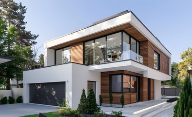 Modern two-story house with white walls and wooden accents, large windows overlooking the green landscape of an urban area, modern architecture, front view, exterior shot, detailed rendering.