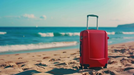Modern red suitcase in the sand, in front of a beach generative ai