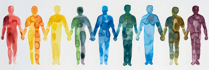 Colorful painting of human figures in rainbow colors holding hands. symbolizing unity and diversity 
