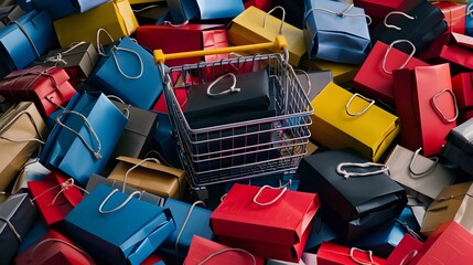 Naklejka premium Vibrant Composition of Online Shopping Accessories and Elements on Black Background