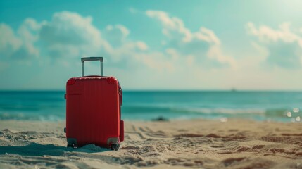Modern red suitcase in the sand, in front of a beach generative ai