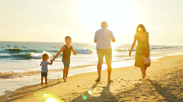 Multi-Generational Family Enjoying Summer Beach Walk at Sunset Generative AI