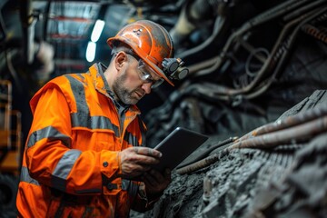 A construction worker looks at a tablet on site, possibly checking blueprints or making notes