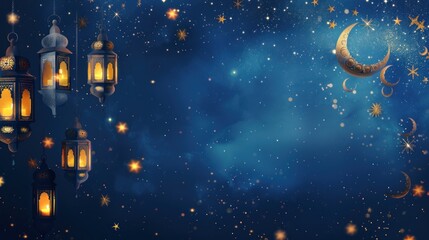 Fototapeta premium Festive lanterns and a crescent moon against a starry night sky.