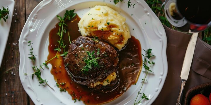 Top view of roast beef covered in demi glace gravy with mashed potatoes on white plate