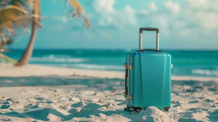 Modern teal suitcase in the sand, in front of a beach generative ai