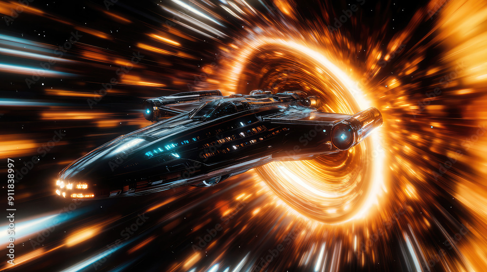 Wall mural a spaceship is speeding at light speed through a holographic galactic vortex. generative ai