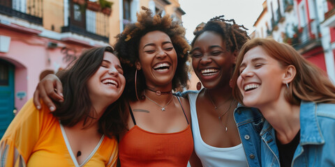 A group of multiethnic friends smiling and hugging each other with their eyes closed.