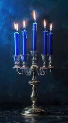 Fototapeta premium Five blue candles burning on a silver candelabra.