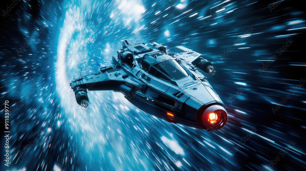 Wall mural a spaceship is speeding at light speed through a holographic galactic vortex. generative ai